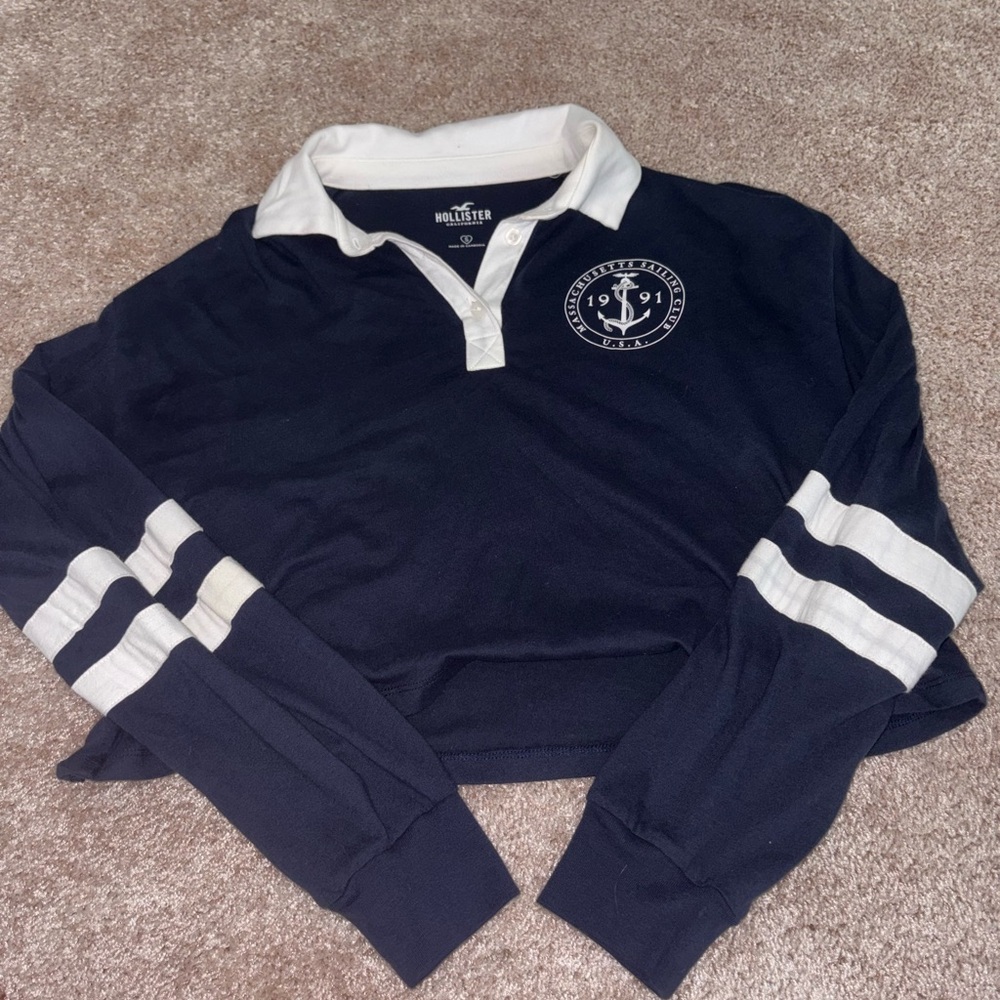 Hollister Navy Blue and White Rugby Style Sweater